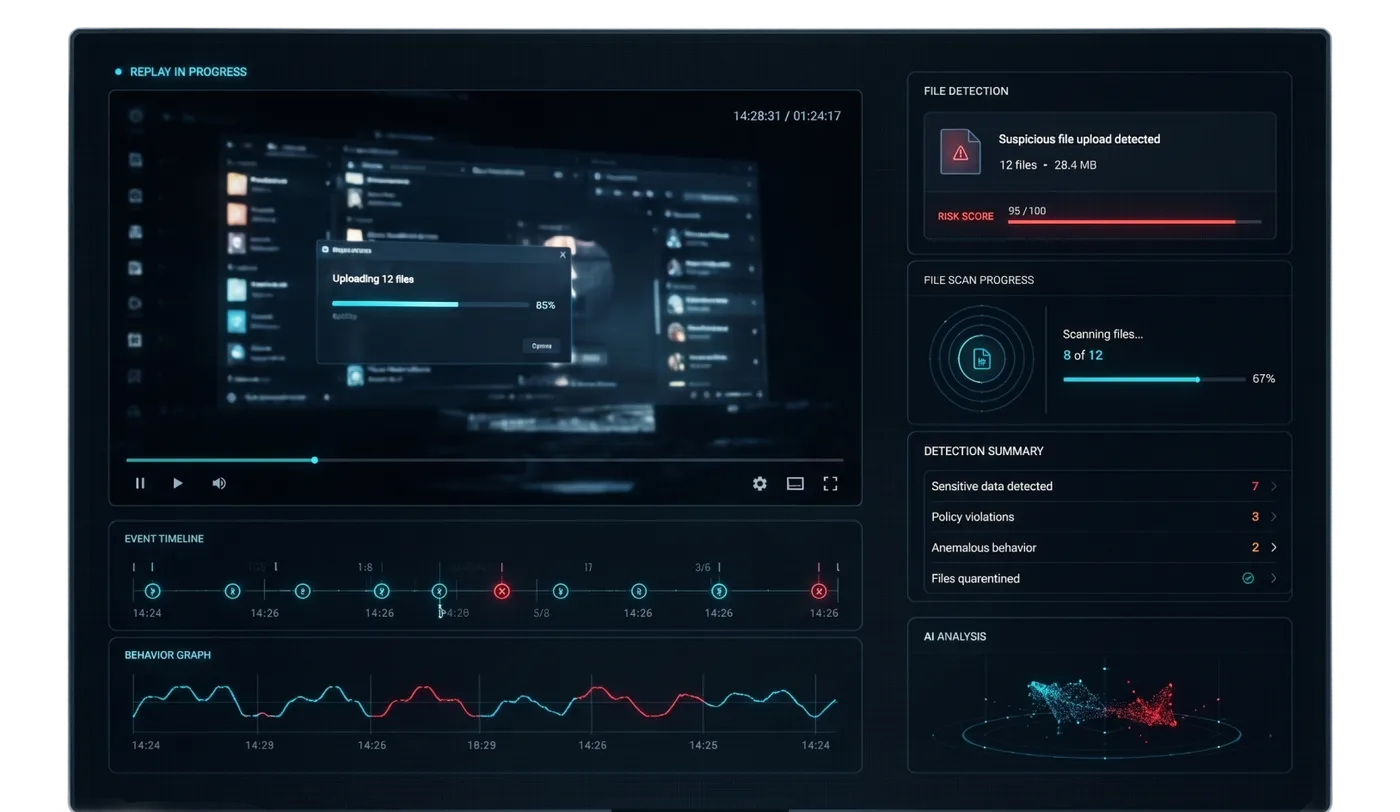 The AI Incident Replay Center dashboard: synchronized video, event timeline, risk overlays and AI-generated incident summary.